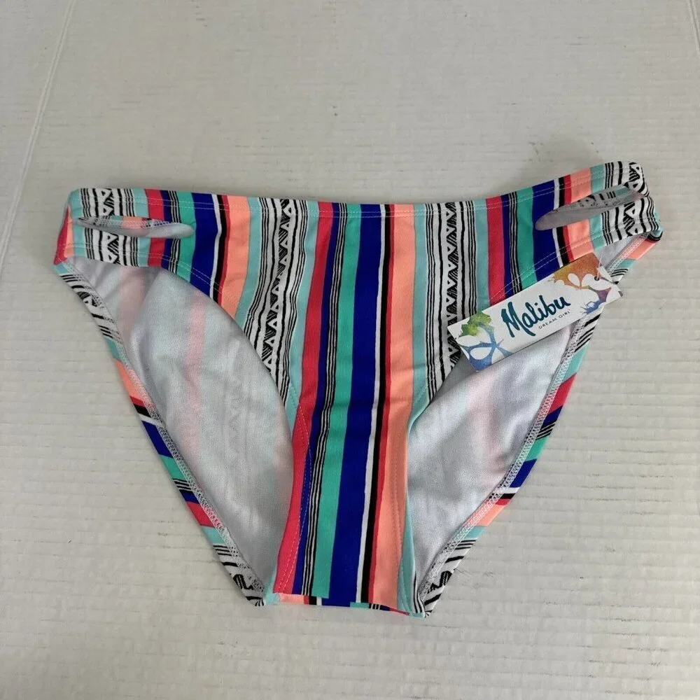 Malibu Dream Girl Women's L Swim‎ Bikini Bottom Peach Coral Striped New